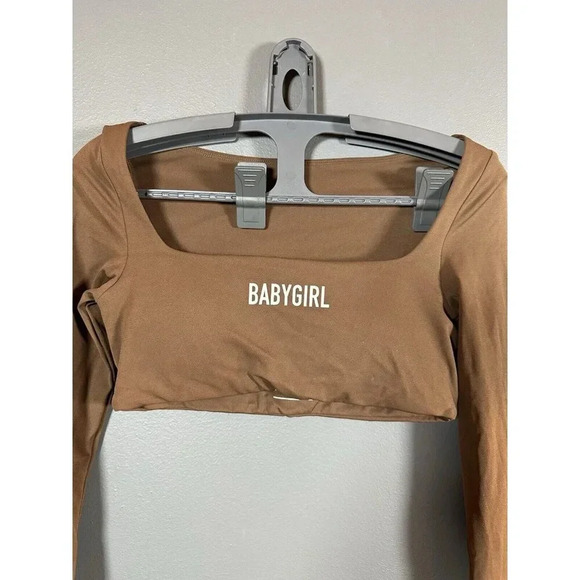 BABYGIRL Apparel Brown Sports Gym Athletic Long Sleeve Square Neck Crop Top S - Picture 2 of 9
